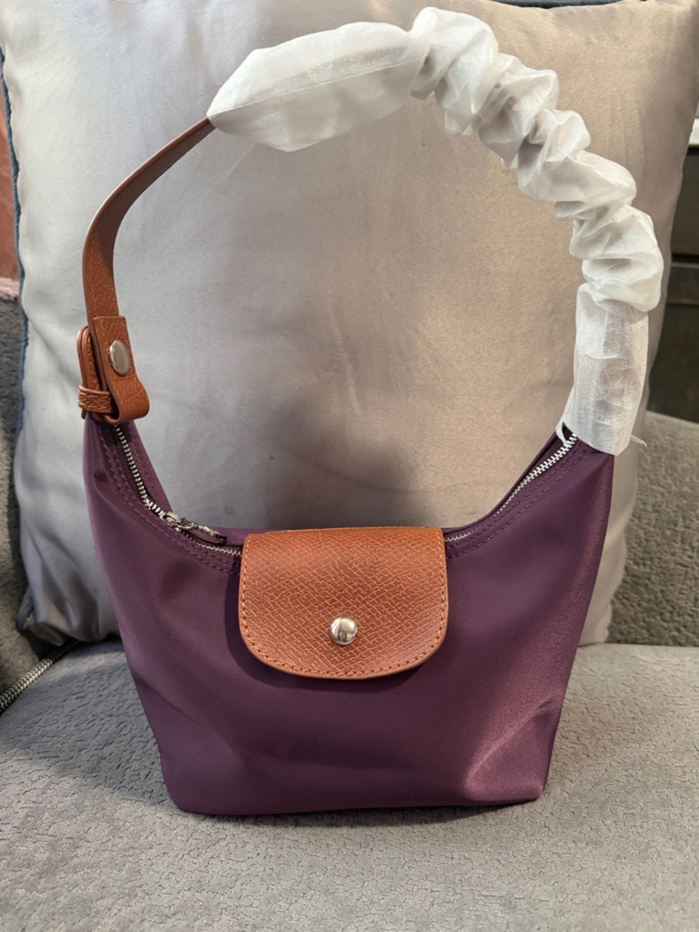 Purple Nylon Shoulder Bag with Brown Trim